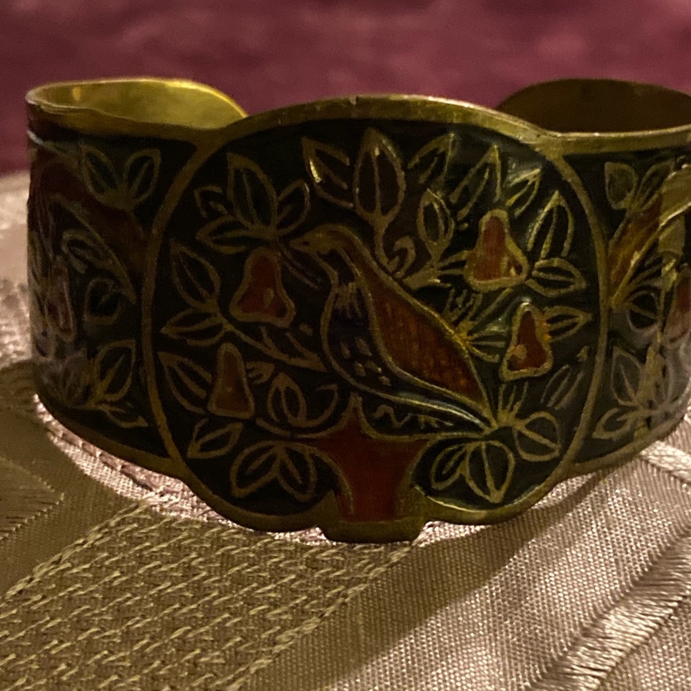 Brass bird cuff, antique hand painted